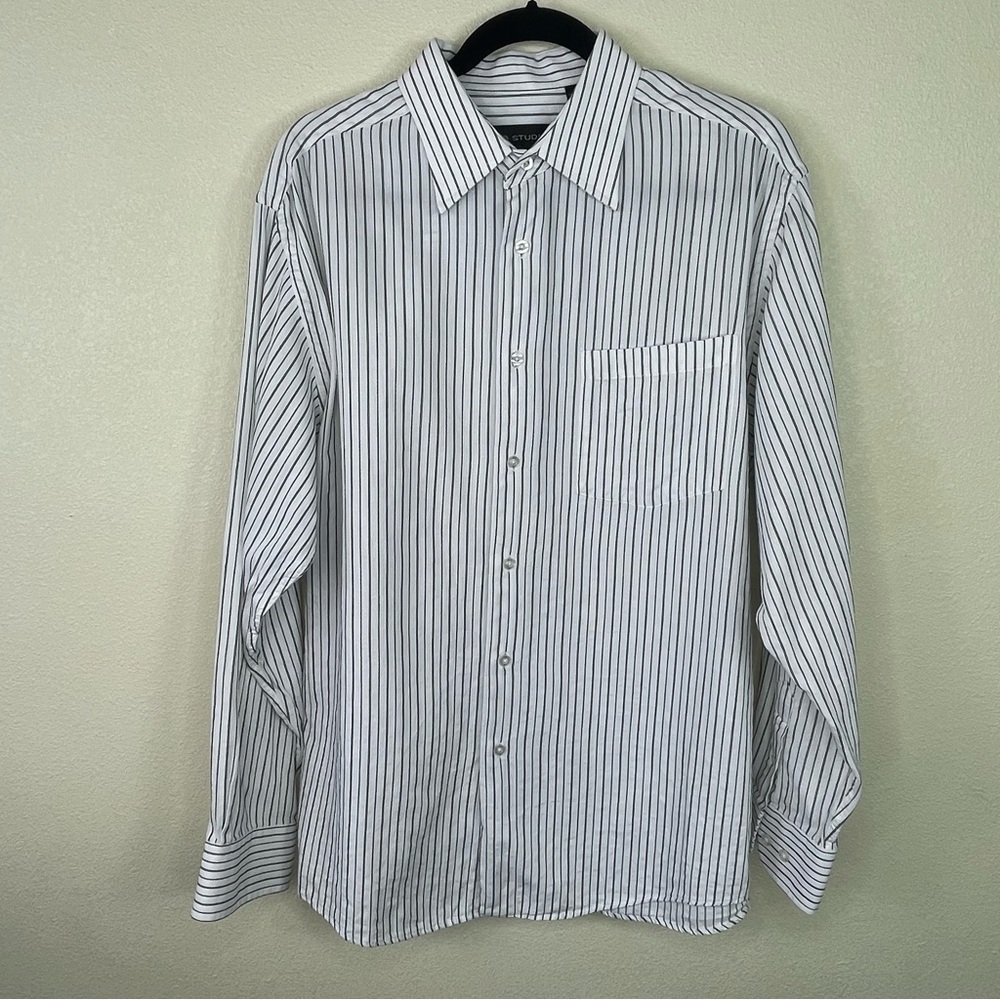 MB Studio Button Down Shirt white with black stripes Large 100% cotton